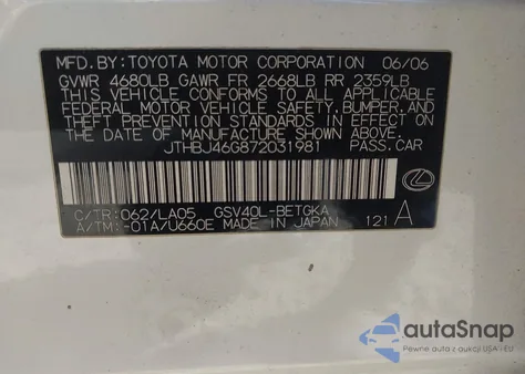 2007 Lexus Es 350 z USA, uszkodzony, nr VIN JTHBJ46G872031981